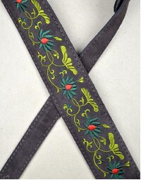 Colonial Leather Double Suede Strap Brown Embroidered Flowers and Leaves