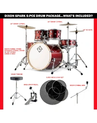 Dixon SP522C1CRD Spark Standard Series Poplar 5-Piece 22" Drum Kit Cyclone Red