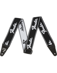 Fender WeighLess 2" Running Logo Strap, Black/White