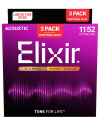 Elixir Acoustic Nanoweb 80/20 Custom Light 3 Pack 11-52 - 16564