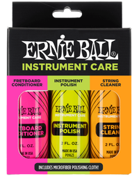 Ernie Ball Guitar Care 3-Pack w/ Fretboard Conditioner, Instrument Polish, String Cleaner & Microfiber Polish Cloth