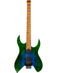 Spira Guitars S-500 MPB HLS Headless Poplar Burl Top Electric Guitar Roasted MN Transparent Green Gloss