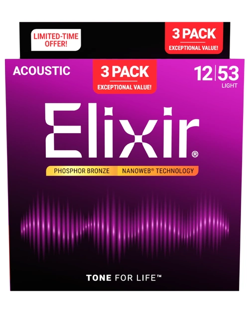 Elixir Acoustic Nanoweb Phosphor Bronze Light 3 Pack 12-53 - 16569